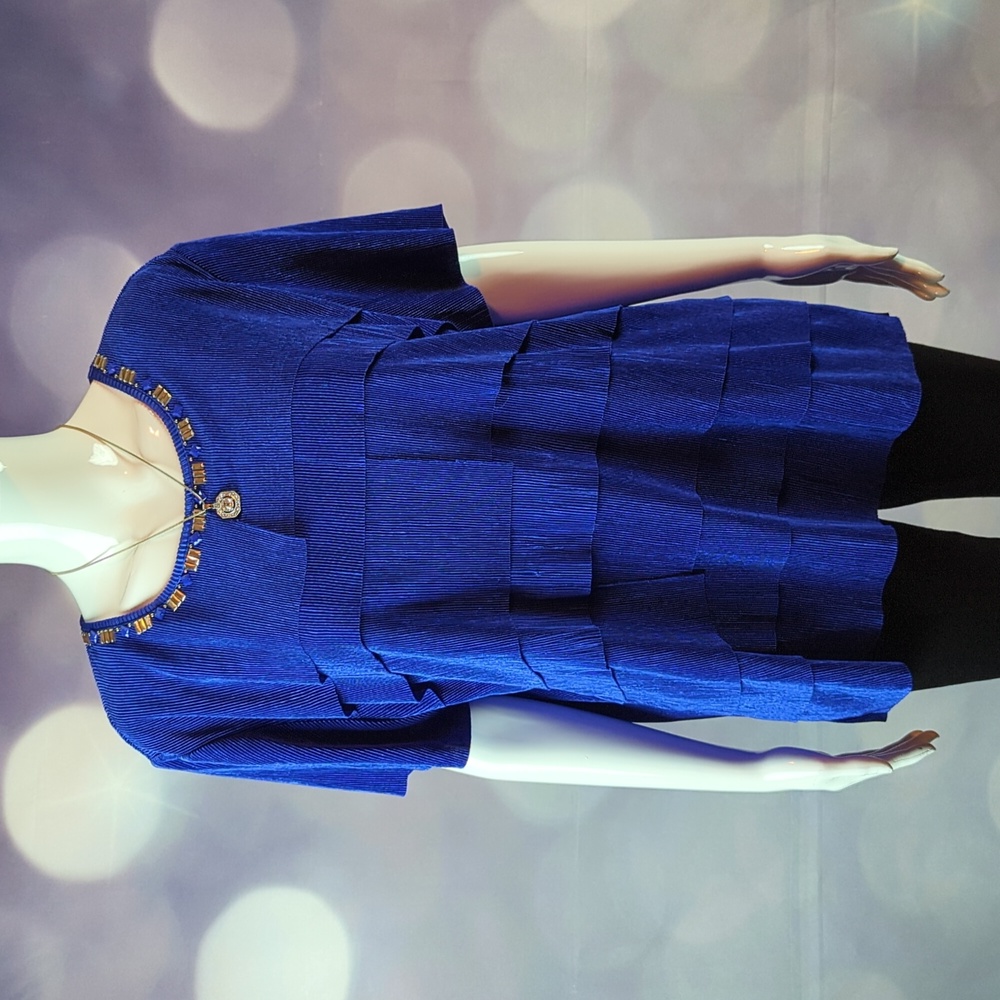 Alfred Dunner sz L Royal Blue Layered Cascading Short Sleeve Embellished Top